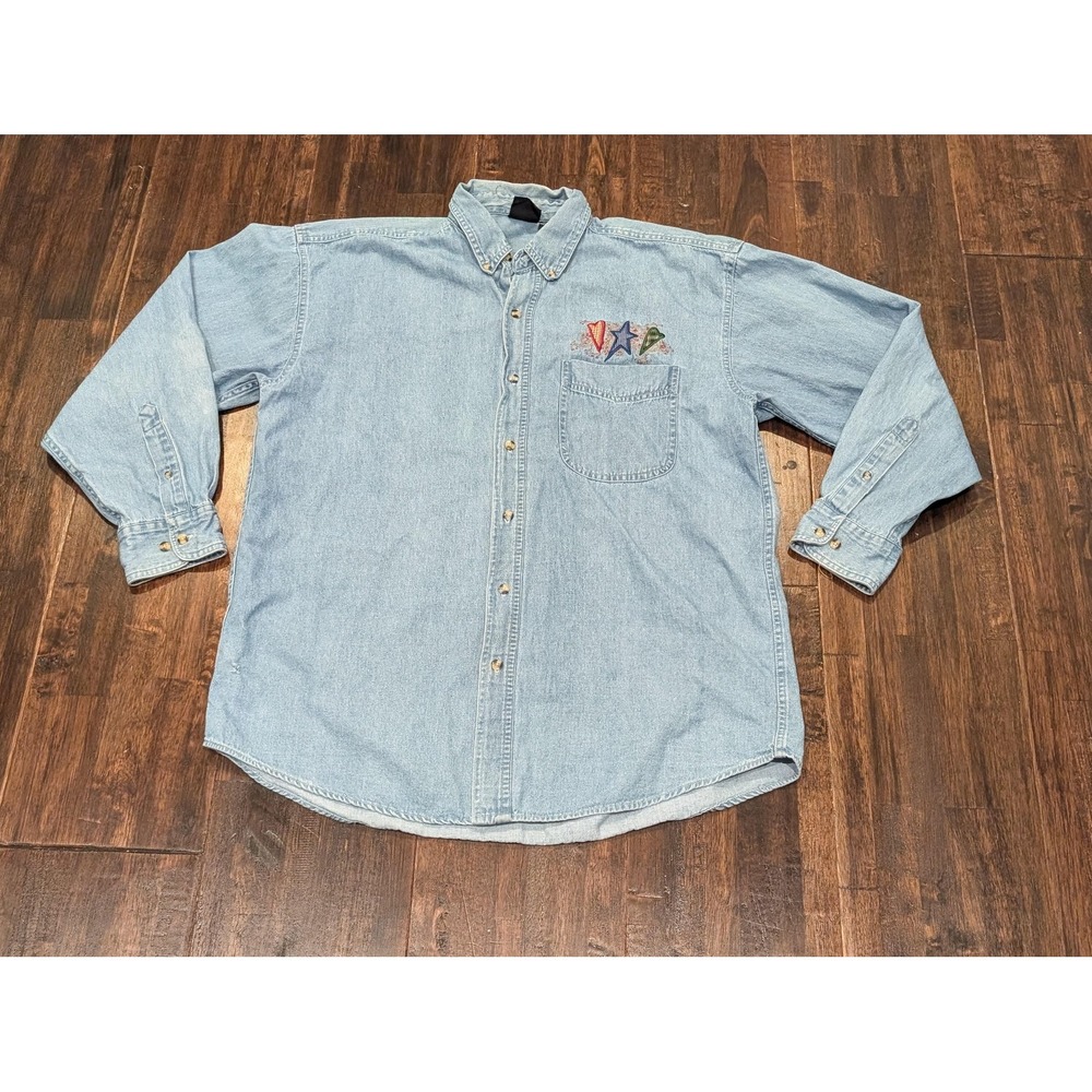 Outrageous Sports Embroidered Pocket‎ Denim Shirt Large Chambray Granny Hearts